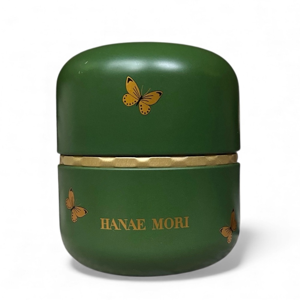 RARE Hanae Mori Green Tin Container w/Iconic Butterfly Design